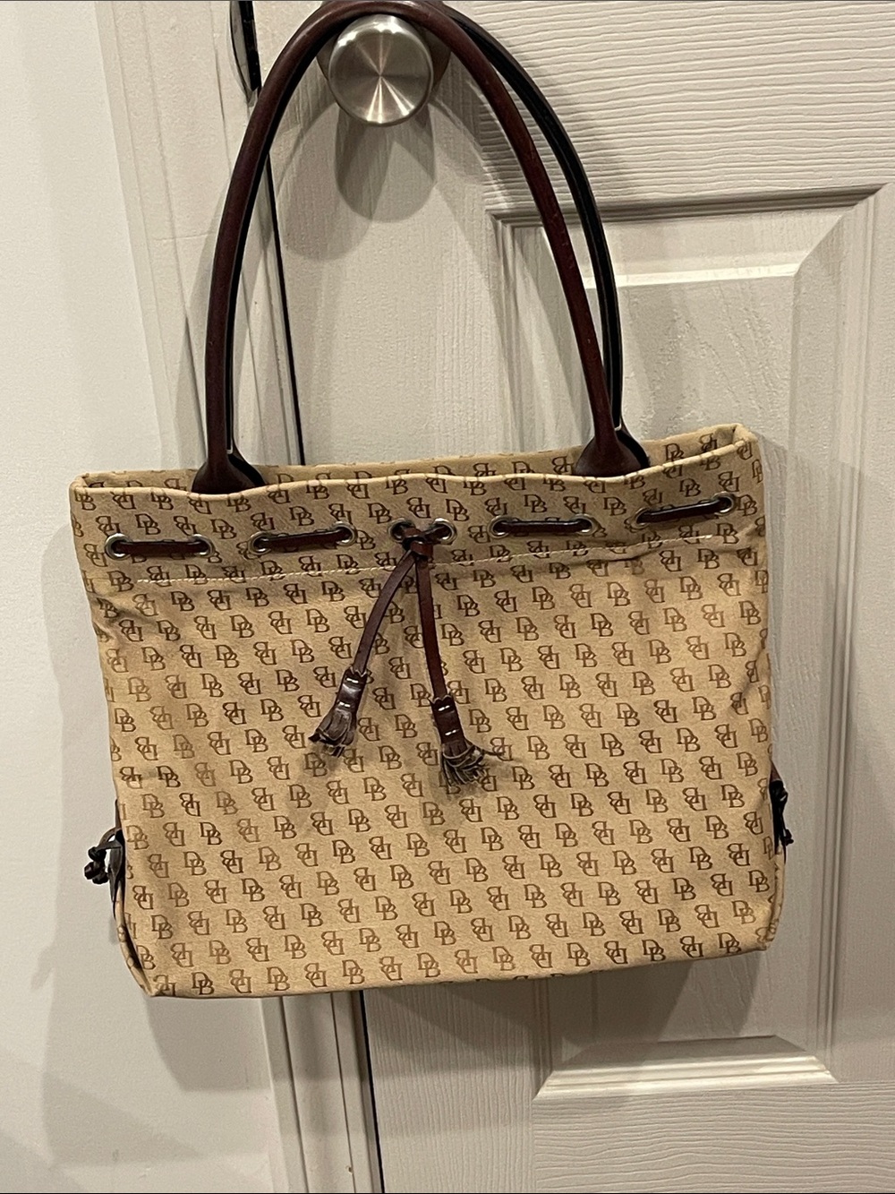 Dooney & Bourke Beige Monogram Tote with Brown Leather Trim